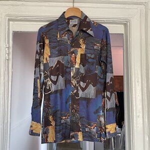 Vintage 70s Surf Swim Beach Printed Button Down Shirt